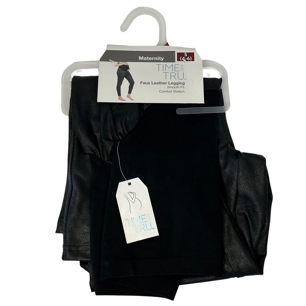 Time and Tru Womens Maternity Faux Leather Leggings Black S 4-6 Comfort Stretch